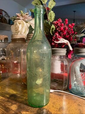 1965 Puerto Rican Rum, Antique Green Glass Bottle with Embossed Design